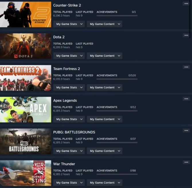 Steam | 11 Games with 6000+ Hours | 10 Paid Games | Native Email