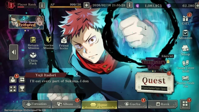 Jujutsu Kaisen Phantom Parade | Europe | Maximum Output Yuji Itadori + 7 SSR | 62,280+ Cubes