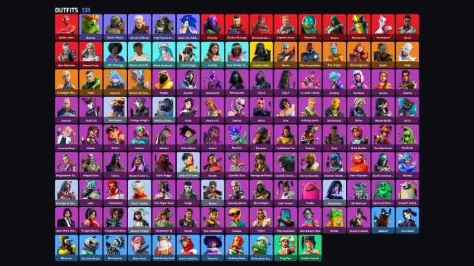 131 skins | Spider-Man | Xander | Darth Vader | Snap | Nezumi | Malik | The Origin | Paradigm (Reality-659) | Ronin | A5601