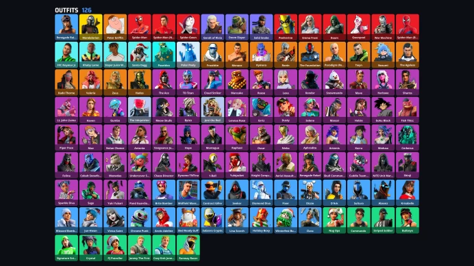 126 skins | Reaper | Renegade Raider | Peter Griffin | Mandalorian | Spider-Man | Spider-Man (No Way Home) | Spider-Gwen | Sultura | A5602