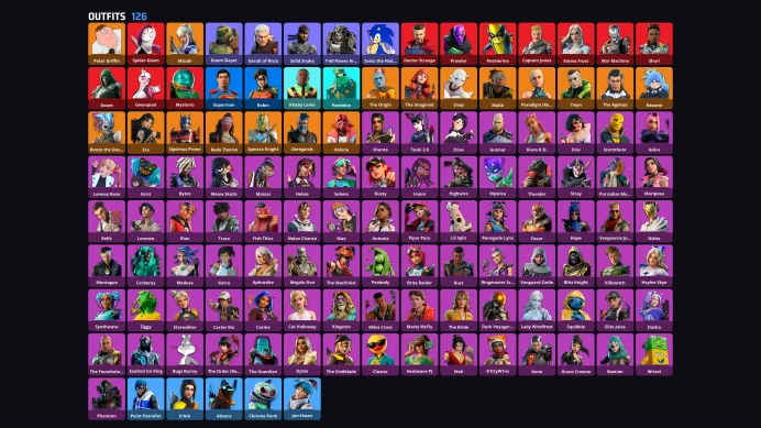 126 skins | Peter Griffin | Mizuki | Spider-Gwen | Point Patroller | Omegarok | Paradigm (Reality-659) | The Ageless | Optimus Prime | A5607