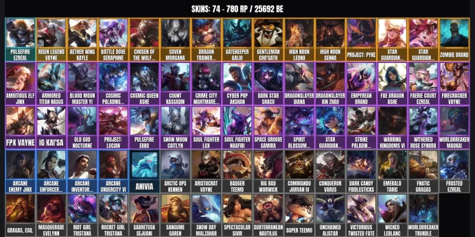 [EUW] 74 skins ✨ 129 champions ✅ 25692 BE ⚡ Level 145 ⭐ Pulsefire Ezreal ✨ Zombie Brand ✅ Risen Legend Vayne ⚡ PROJECT: Pyke ⭐ High Noon Senna