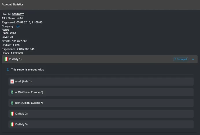 Darkorbit | EU 6-7, Italy 1-2-3, Asia1 | Level 20 | 23 Pilot Points