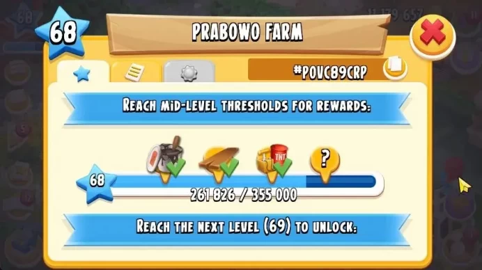 Lvl 68 | Silo Storage 3077+Barn Storage 2550| 11M Coins | 73 DM | PROTECT OFF | CN-On | Log Supercel ID | Check SS HDY004B