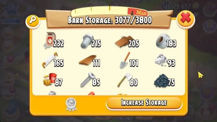 Lvl 68 | Silo Storage 3077+Barn Storage 2550| 11M Coins | 73 DM | PROTECT OFF | CN-On | Log Supercel ID | Check SS HDY004B