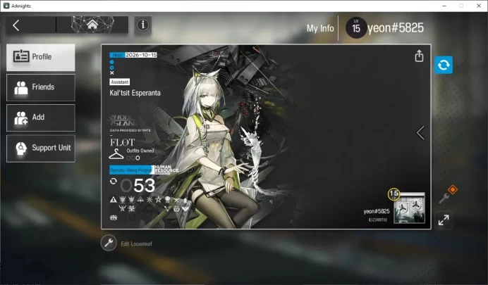 Global|Starter Lv 15|53 OP|2 Limited| Kal'tsit Esperanta & Lappland the Decadenza|1 Selector|Birthday Unset|Take Mail|AK1836