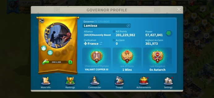 57M Power T5 Cava Archer - 5 Legend Commanders Expertise - 9 Legend & 26 Epic Equipments - 6bn+ Resources - 30 Passports Can Migrate to SOC #578