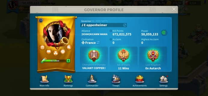 58M Power T5 Infa Archer - VIP 15 - 5 Legendary Commanders Expertise - 636 Days Speedup, 3.5bn RSS - 10 Legend Equipments - 2 Farm Accounts #582
