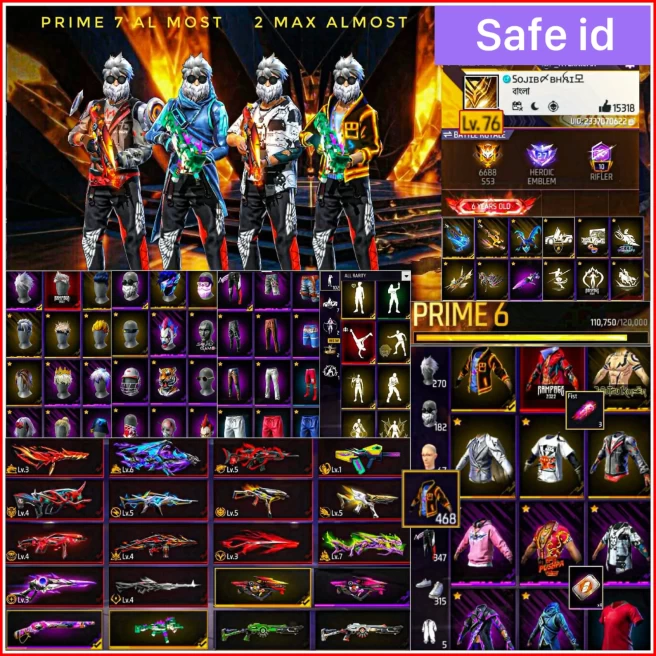 Free Fire Bangladesh | Level 76 Grandmaster | 14 Evo Gun Skins | 6 Prime
