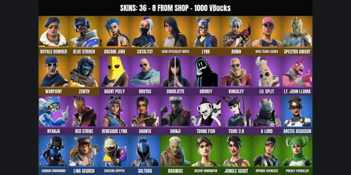 [PC/PSN/XBOX] 36 skins ✅ Royale Bomber ⚡ Blue Striker ⭐ Rose Team Leader ✨ Carbon Commando ✅ Warpaint ⚡ Sultura ⭐ Spectra Knight