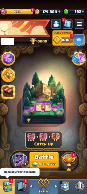 KT 15 - Level 56 - 10000 Cup - 0 Max Cards - 8 Level 15 Cards - 15 Level 14 Cards - 792 Gems - 77 Emotes - 14 Evo Cards