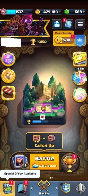 KT 15 - Level 59 - Cups (تعداد ذکر نشده) - 2 Max Cards - 6 Level 15 Cards - 32 Level 14 Cards - 9 Evo Cards - 102 Emotes - 669 Gems