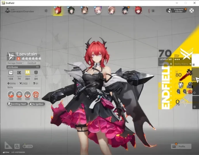 ASIA|Lv 50|8 SSR 4 Limited + 9 (*6 Weapon)| Laevatain+Signature,Zhuang Fangyi,Gilberta,Liino |Female MC|Log Gryphlink|END2565