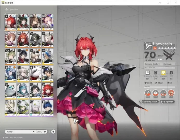 ASIA|Lv 50|8 SSR 4 Limited + 9 (*6 Weapon)| Laevatain+Signature,Zhuang Fangyi,Gilberta,Liino |Female MC|Log Gryphlink|END2565