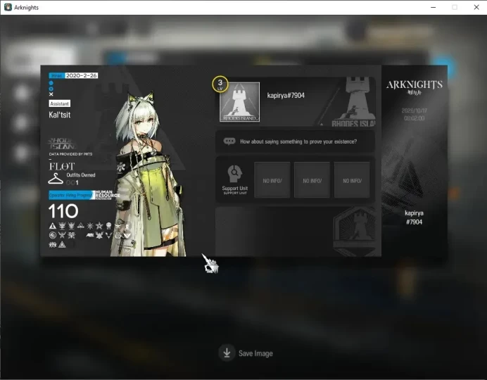 Global|Starter Lv 3|110 OP,1 Outfit|3 Limited Kal'tsit Alter,Nian,W|2 Transfer Permit|760 Orundum|Bday Unset|Takemail|AK1842