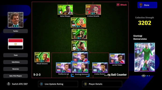 Efootball | 3202 Meta Account | 25+ Double Boosters | 106 Donnarumma, 104 CR7, 105 Gerrard