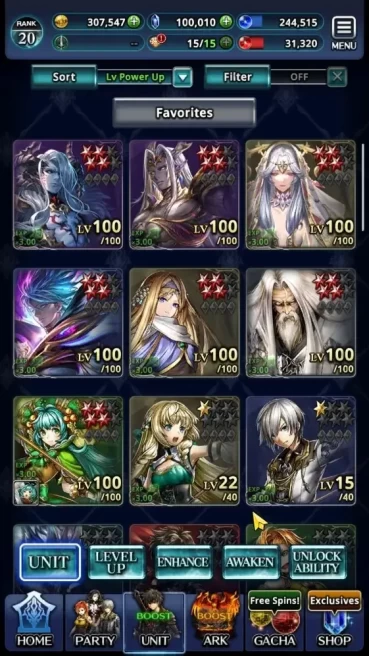 Global|Rank 20|100K Crystal|Top Tier Units (Lenius Unbound,DL Balezar,Telestio GoR,G Lilaha)|3 UR & 17 SSR Ark|Code Only|LC1642