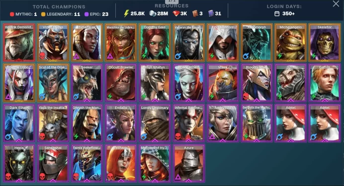 350+ Days Tuhanarak Marichka Vizier 1Mythic/11Legend/23Epic/26.1k EN/3k Gems Heinrik Demondoom Dorothy Gale Ezio Auditore [FBG]