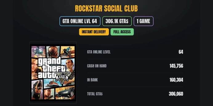 8LGC【GTA ONLINE LVL 64】 ✅ 【306.1K PURE CASH GTA$】 ⚡ 【1 GAME】 ⭐ Grand Theft Auto V
