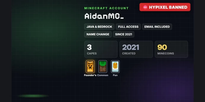 ✨ 3 Capes: Founder's, Common, Pan ✅ Java & Bedrock & Full Access ⛔ Hypixel Banned