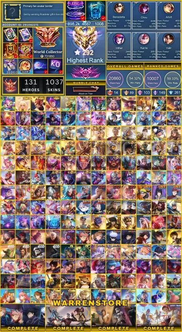 Mobile Legends | Mythical Immortal 292 Stars | 1038 Skins | World Collector 730k+