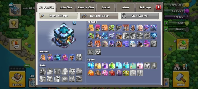 Clash of Clans | TH13 Main Village | XP 187 | Heroes K75 Q75 MP50 W50 RC25 | 860 Gems