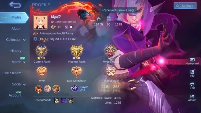 Global|263 Skin|Renowned|Collector Benedetta+Pharsa,Luckybox Hayabusa,Annual Lesley,PRIME Beatrix,etc| ML3429B