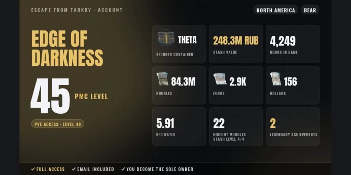 EOD | NA ✅ LVL 45 ⚡ Theta ⭐ PvE LVL 40 ✨ 2 Legendary Achievements ✅ 4249h ⚡ Stash 248.3M RUB ⭐ 84.3M RUB + 2.9K EUR + 156 USD ✨ Full Access