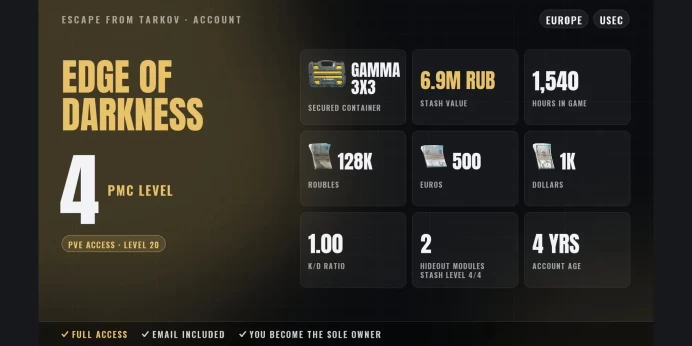 EOD | EU ⭐ LVL 4 ✨ Gamma 3x3 ✅ PvE LVL 20 ⚡ 1540h ⭐ Stash 6.9M RUB ✨ 128K RUB + 500 EUR + 1K USD ✅ Full Access