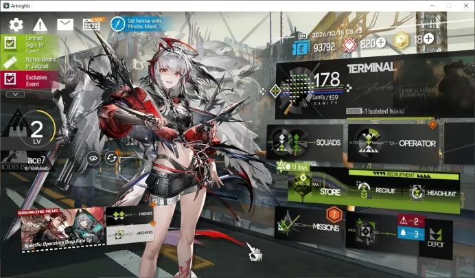 Global|Starter Lv 2|18 Ori|45 Operator +1 Outfit|2 Limited ( Wis'adel & W )|2 Selector Permit|1-1 Terminal|Take Email|AK1845