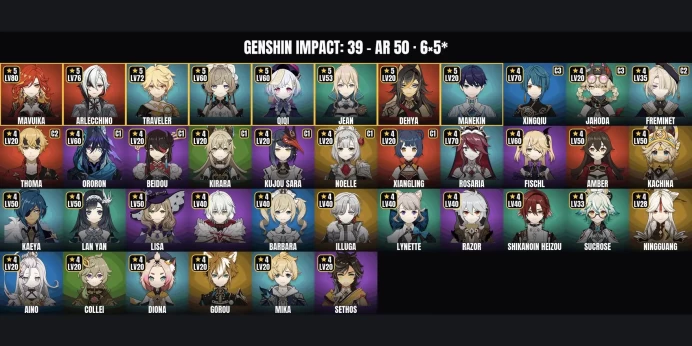 [ALL DEVICES] [Europe] AR 50 ✅ 39 Characters ⚡ 6 5-Star ⭐ Mavuika ✨ Arlecchino ✅ Sandrone ⚡ Qiqi ⭐ Jean ✨ Dehya ✅ Xingqiu ⚡ Rosaria ⭐ Ororon