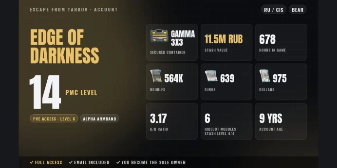 EOD | RU/CIS ⭐ Alpha Armband ✨ LVL 14 ✅ Gamma 3x3 ⚡ PvE LVL 6 ⭐ 678h ✨ Stash 11.5M RUB ✅ 564K RUB + 639 EUR + 975 USD ⚡ Full Access