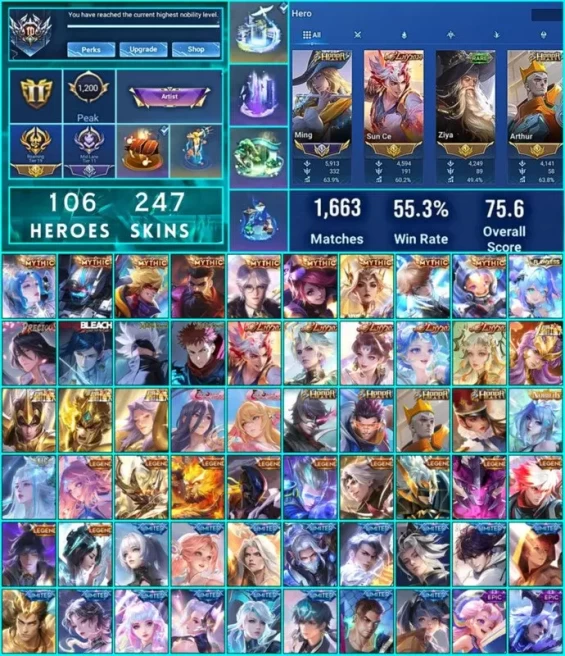 Honor of Kings | Nobility 10 | 247 Skins | 9 Mythic Skins