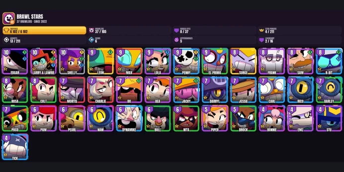 【Android/iOS】 37 BRAWLERS ⚡ 33 SKINS ⭐ 2 LEGENDARY ✨ 6102 TROPHIES ✅ SURGE ⚡ LEON ⭐ EDGAR ✨ LARRY & LAWRIE ✅ 8-BIT ⚡ SHELLY ⭐ JACKY ✨ ROSA