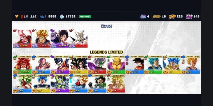 ⭐ 25881 Chrono Crystals ✨ 4 UL ✅ 1 LR ⭐ 17 LL ✨ 227 SP ⚡ LR Super Saiyan God SS Vegeta ⭐ UL Ultimate Gohan Absorbed Buu: Super ✨ ANDROID only