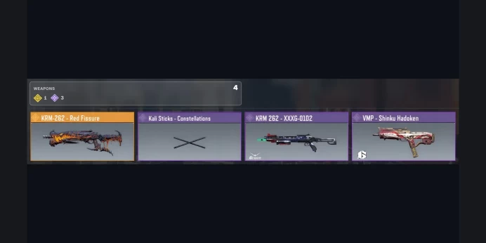 ✨ Legendary: KRM-262 - Red Fissure ✅ 1Legendary ⚡ 3Epic ⭐ Epic: Kali Sticks - Constellations, KRM 262 - XXXG-01D2, VMP - Shinku Hadoken