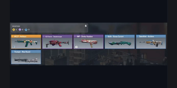 ✅ Legendary: AK117-Holidays ⚡ Epic: D13 Sector - Sweaterscape, VMP - Shinku Hadoken ⭐ 1Legendary ✨ 2Epic ✅ 3Rare ⚡ Rare: Knife - Ocean Current