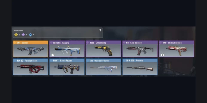 ✨ Legendary: XM4 - Gemini ✅ 1Legendary ⚡ 4Epic ⭐ 4Rare ✨ Epic: AGR 556 - Kikosho, J358 - Grim Ending, M4 - Cold Blooded, VMP - Shinku Hadoken