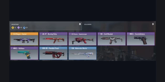 ✅ Legendary: VLK Rogue - Cancer ⚡ 1Legendary ⭐ 5Epic ✨ 2Rare ✅ Epic: AK-47 - Burning Ruby, D13 Sector - Sweaterscape, M4 - Cold Blooded