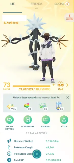 Level 73, 6 Legendary+Ultra Beasts IV100, Darkrai IV100, 300 Shiny, 262 Legendary, 44 IV 100, 14 Shiny Legendary, 59 Shadow Legendary