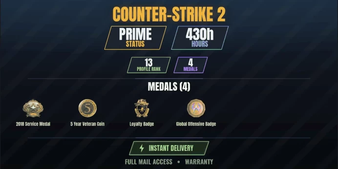 【2 Games】【CS2 Prime Premier✅430h⚡4 MEDALS⭐13 LVL】 2018 Service Medal, Loyalty Badge, 5 Year Veteran Coin, Global Offensive Badge