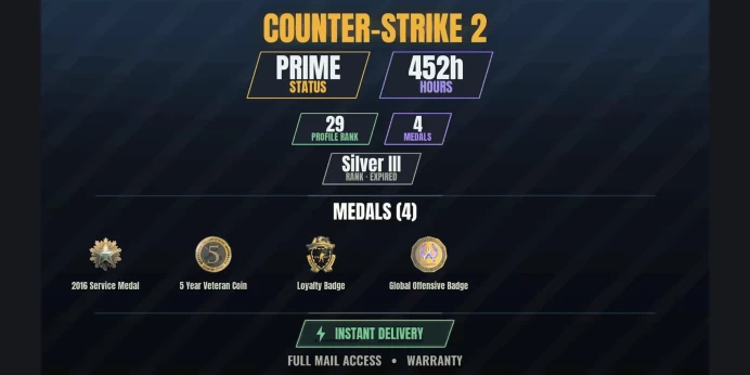 【1 Game】【CS2 Prime Premier✨452h✅4 MEDALS⚡29 LVL】 2016 Service Medal, Loyalty Badge, 5 Year Veteran Coin, Global Offensive Badge