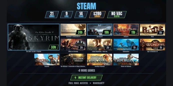 【21 Games⭐$286】 Stellaris, The Elder Scrolls V: Skyrim, Sid Meier's Civilization VI, Northgard, RAGE, Pillars of Eternity