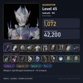 AIO1016 //Global EU Indnath Lv45 Gladiator 1072 GS 42.2K CP +10 Unique Weapon