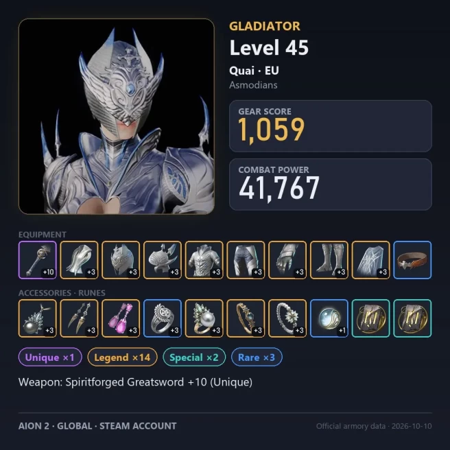 AIO1018 //Global EU Quai Lv45 Gladiator 1059 GS 41.8K CP +10 Unique Weapon