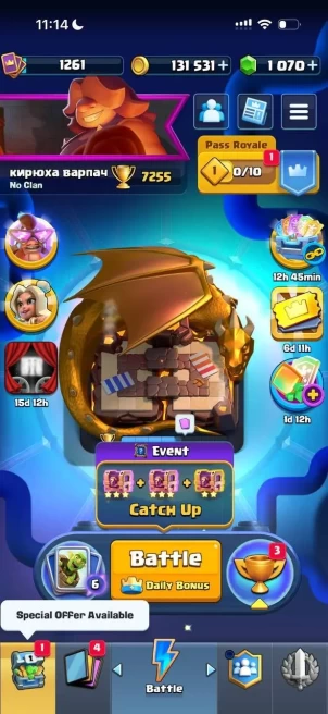 CR1648 // 7.2 k / / , 1261 lvl, spellbait deck, 4 evolutions, 131 k coins, 1 k gems, 34 emoji