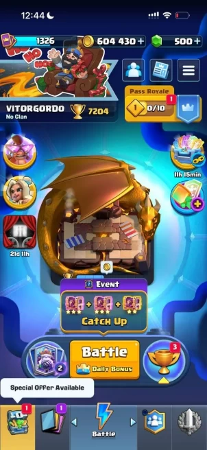 CR1649 // 7.2 k / / , lvl 1326, deck with pipes, 9 evolutions + 2 heroes, 604 k coins, 29 emoji