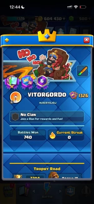 CR1649 // 7.2 k / / , lvl 1326, deck with pipes, 9 evolutions + 2 heroes, 604 k coins, 29 emoji