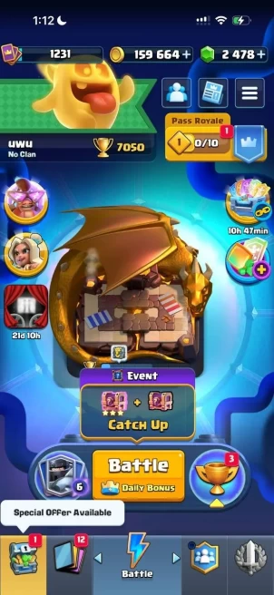 CR1654 // 7 k / / , lvl 1231, deck with hog, 4 evolutions, 2 k gems, 19 emoji