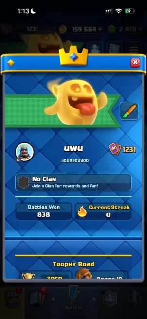 CR1654 // 7 k / / , lvl 1231, deck with hog, 4 evolutions, 2 k gems, 19 emoji